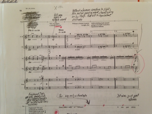 Miniaturized instrumental score with narrator’s text in longhand